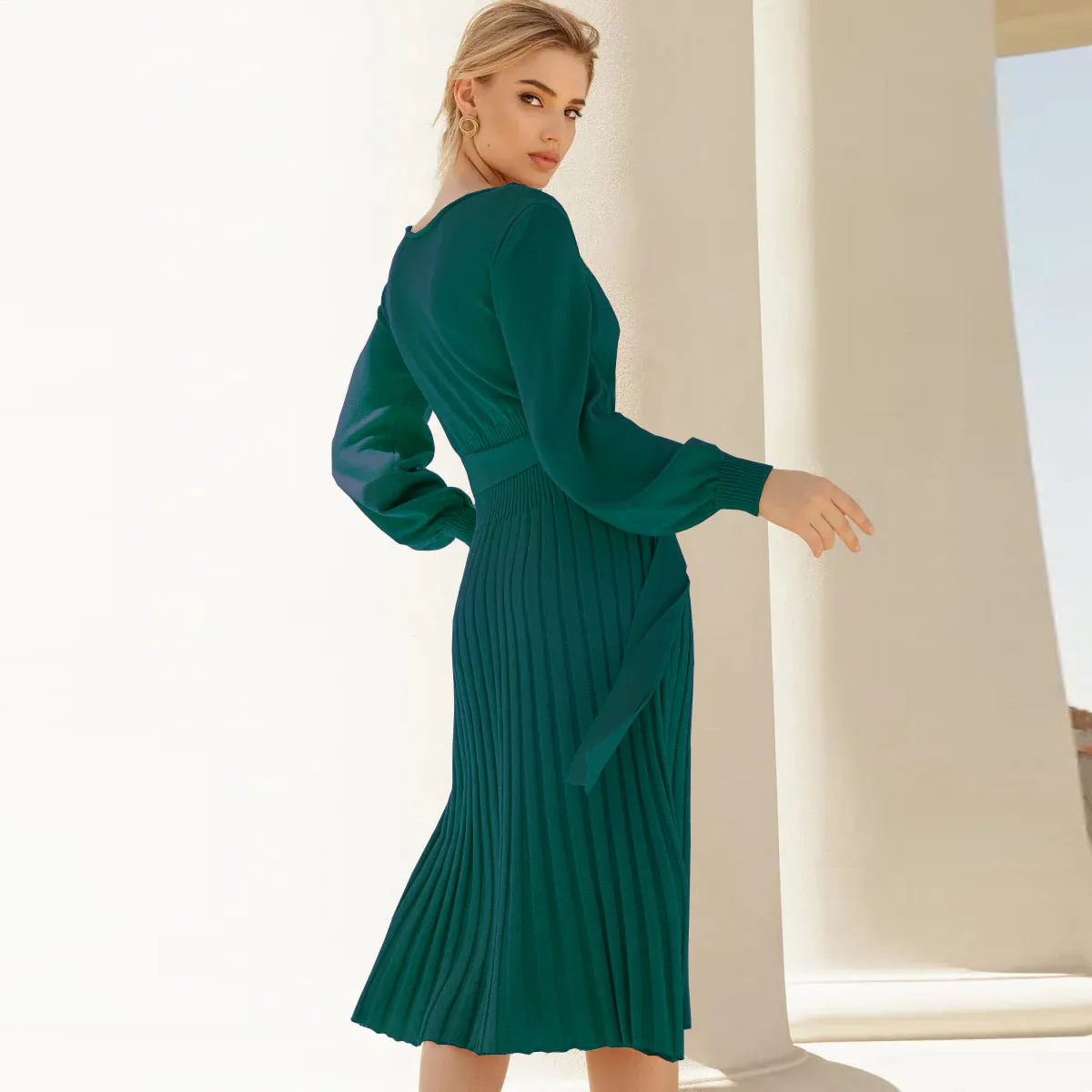 Knitted Slim-fit Pleated Midi Sweater Dress