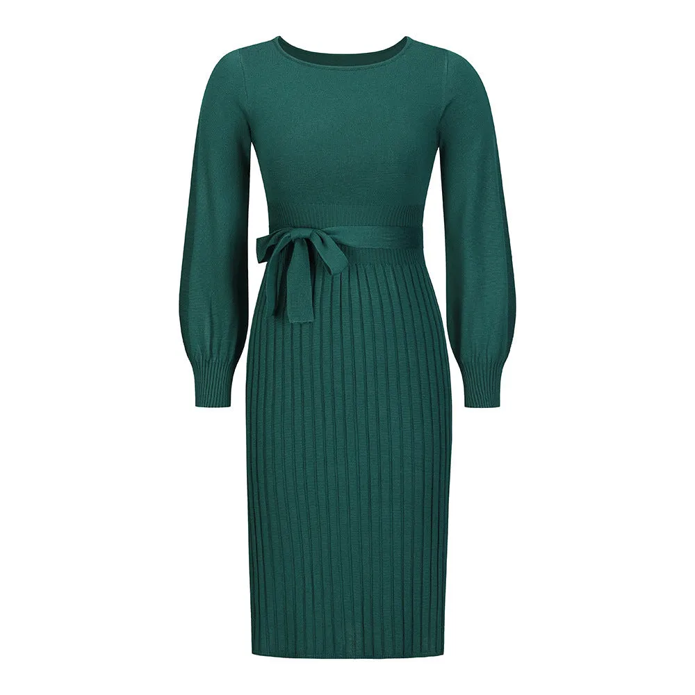 Knitted Slim-fit Pleated Midi Sweater Dress