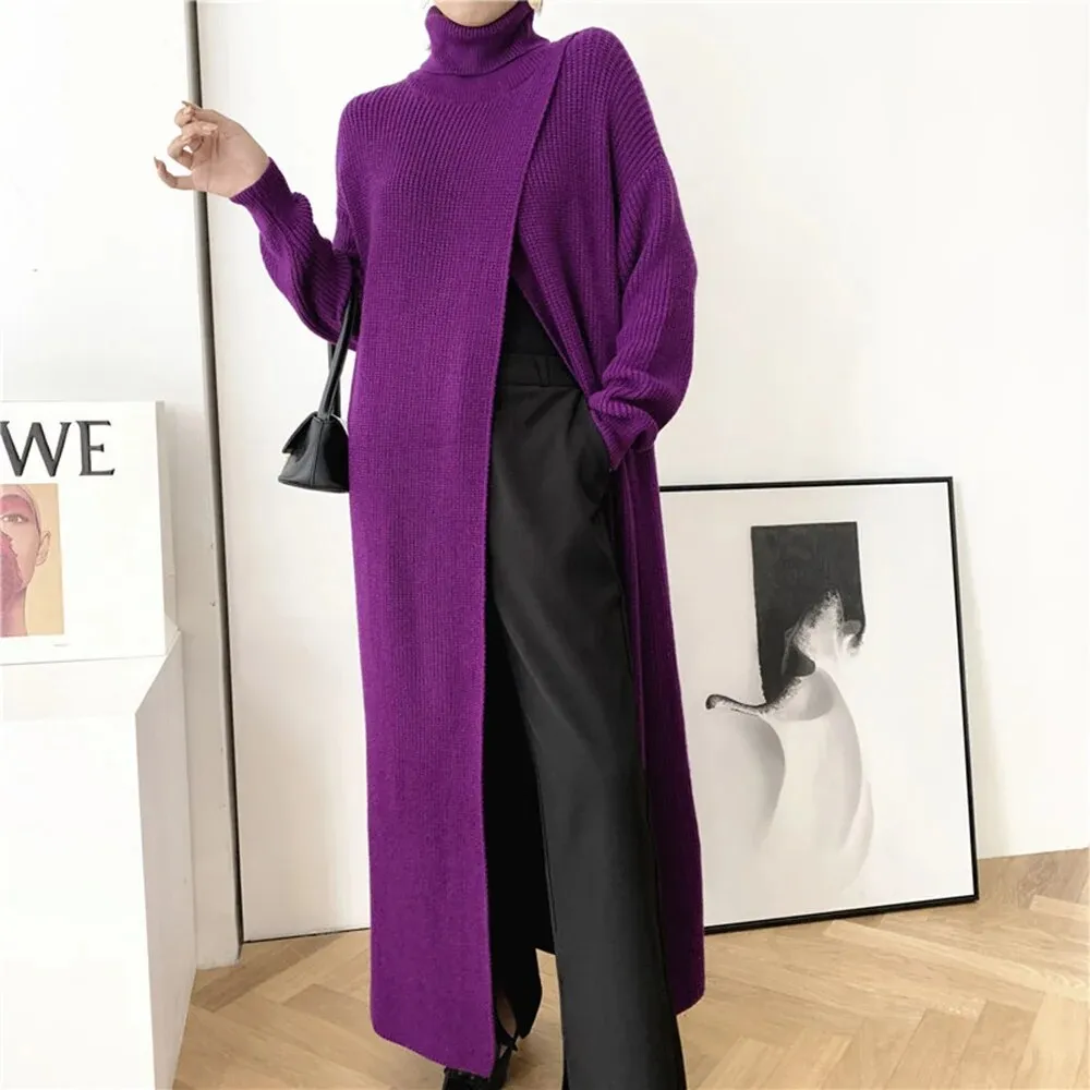 Knitting Minimalist Sweater For Women Turtleneck Long Sleeve Solid Asymmetrical Split Pullover Female Clothing