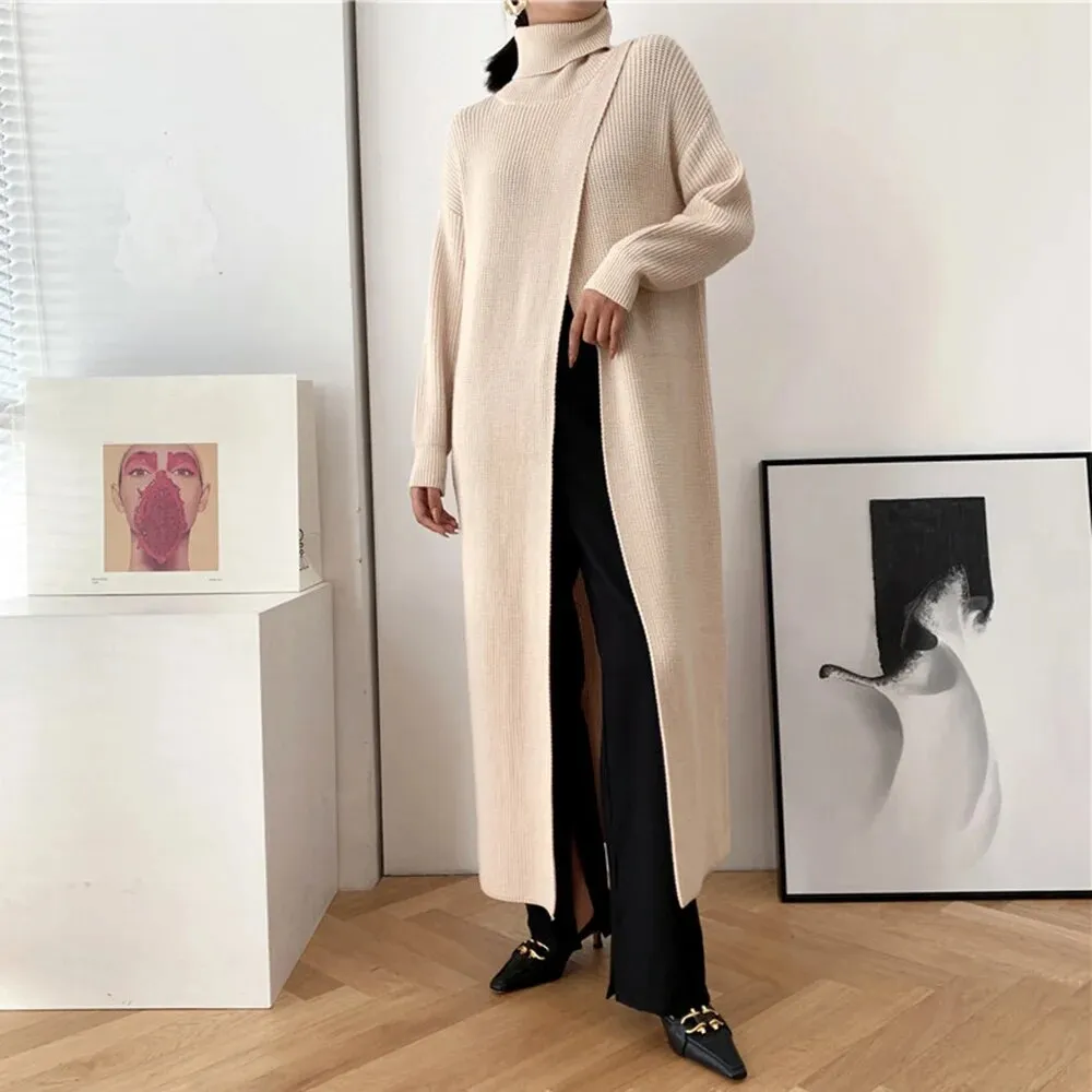 Knitting Minimalist Sweater For Women Turtleneck Long Sleeve Solid Asymmetrical Split Pullover Female Clothing