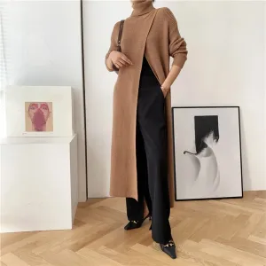 Knitting Minimalist Sweater For Women Turtleneck Long Sleeve Solid Asymmetrical Split Pullover Female Clothing