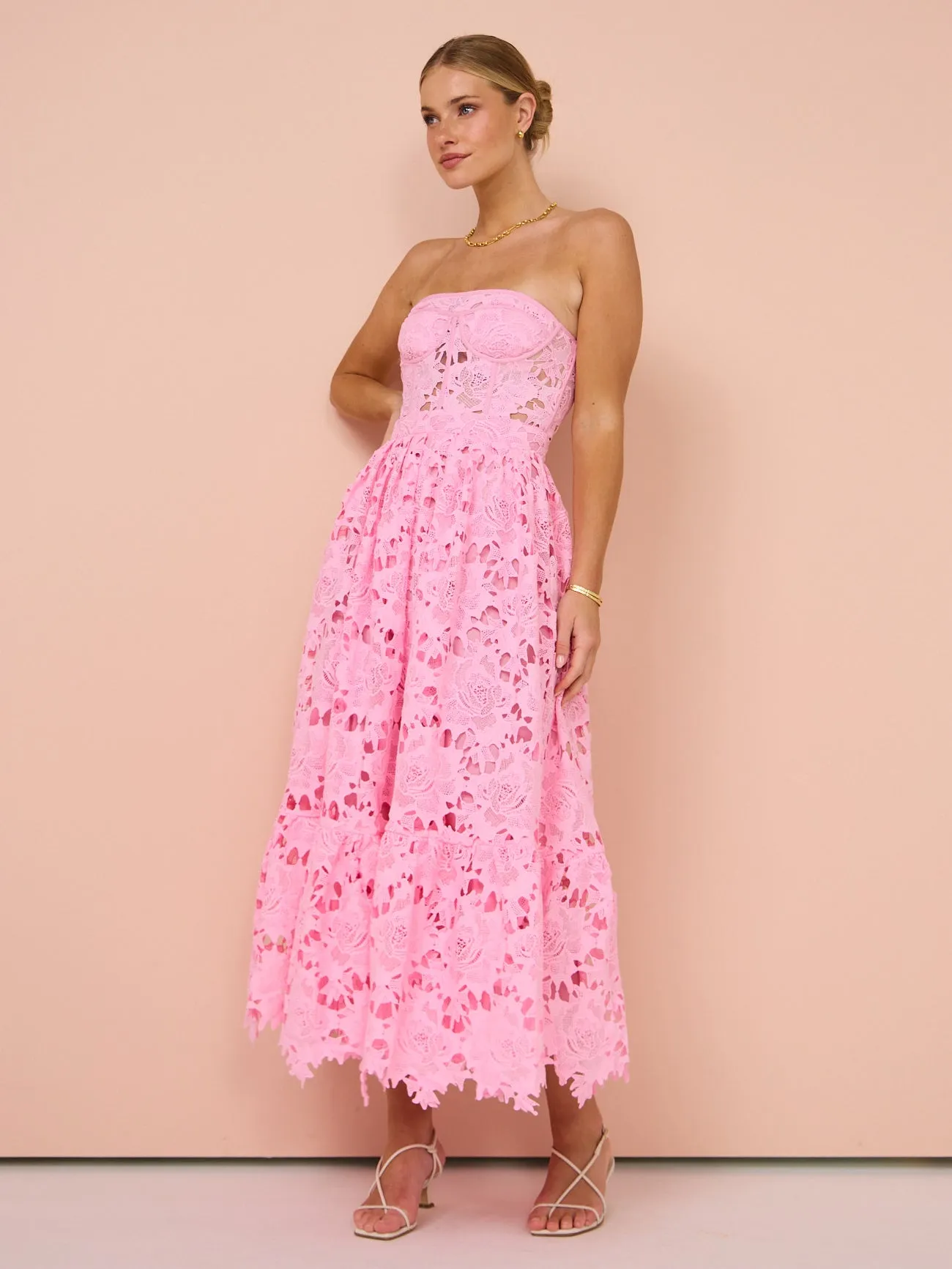 Leo Lin Emilia Lace Bustier Midi Dress in Candy Pink