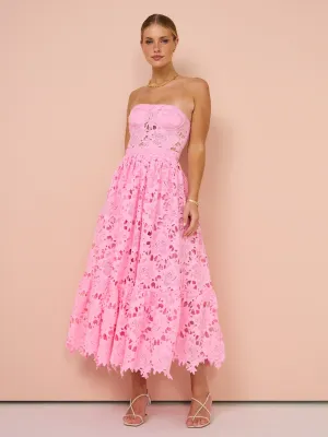 Leo Lin Emilia Lace Bustier Midi Dress in Candy Pink