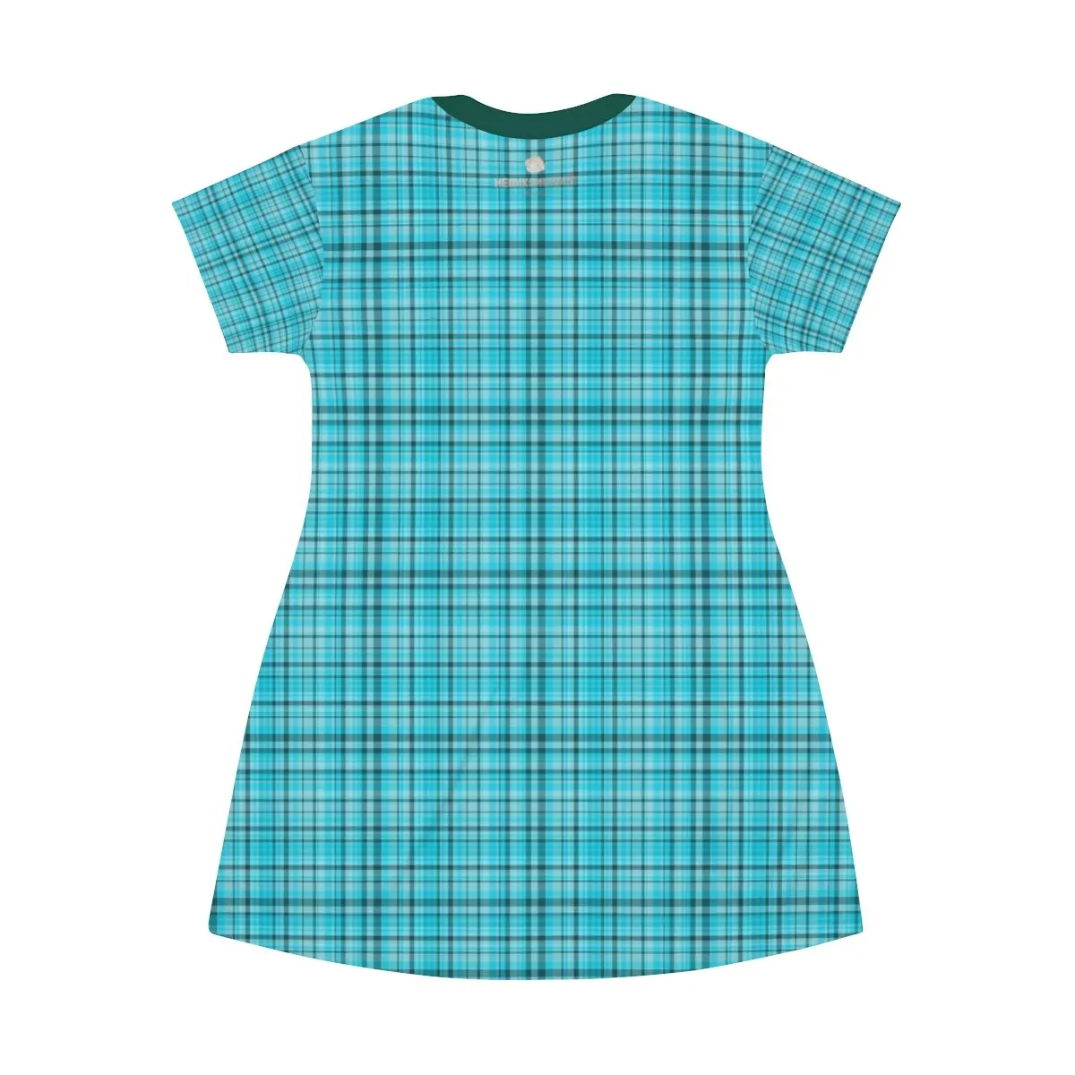 Light Blue Plaid T-Shirt Dress, Best Tartan Print Designer Crew Neck Long T-Shirt Dress-Made in USA