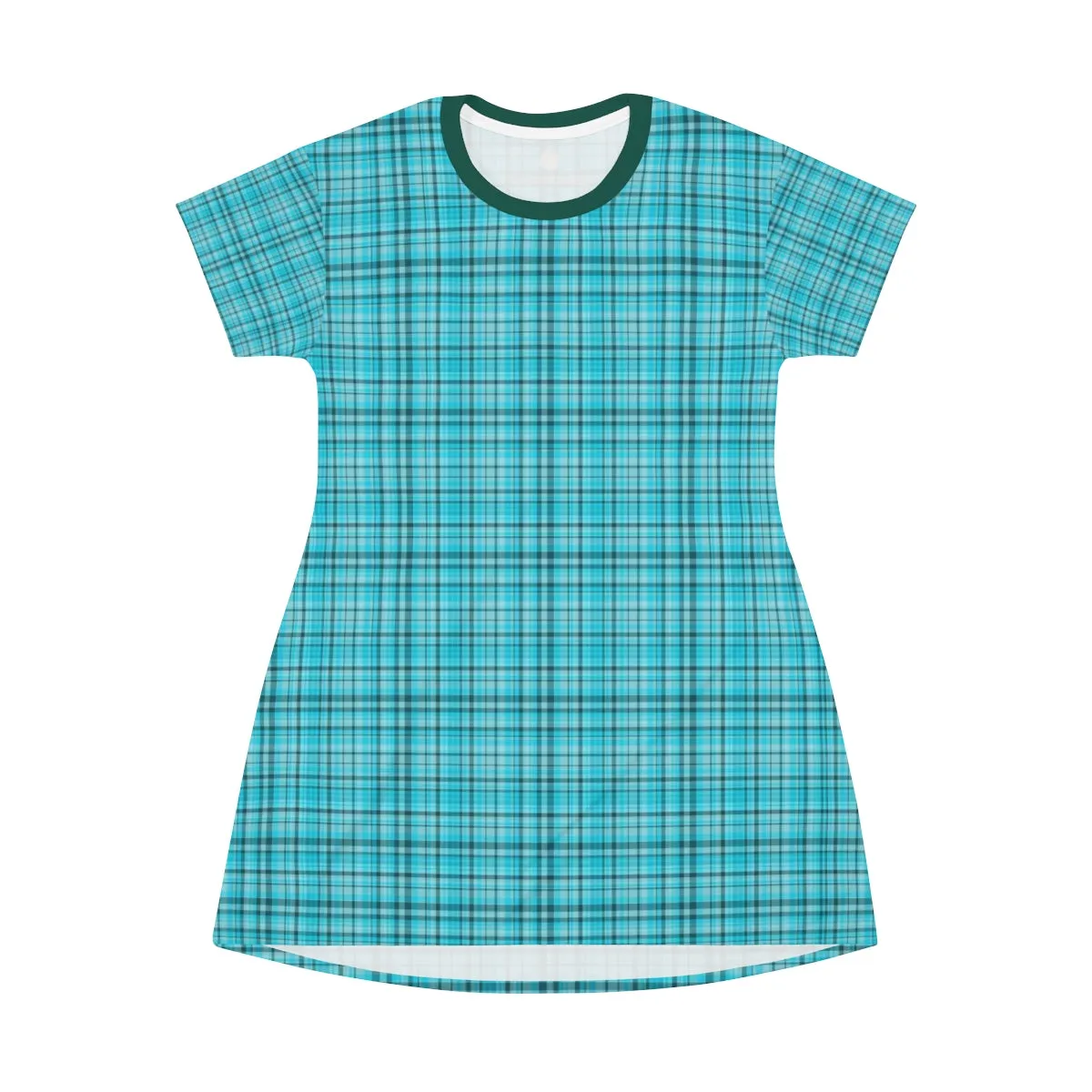 Light Blue Plaid T-Shirt Dress, Best Tartan Print Designer Crew Neck Long T-Shirt Dress-Made in USA