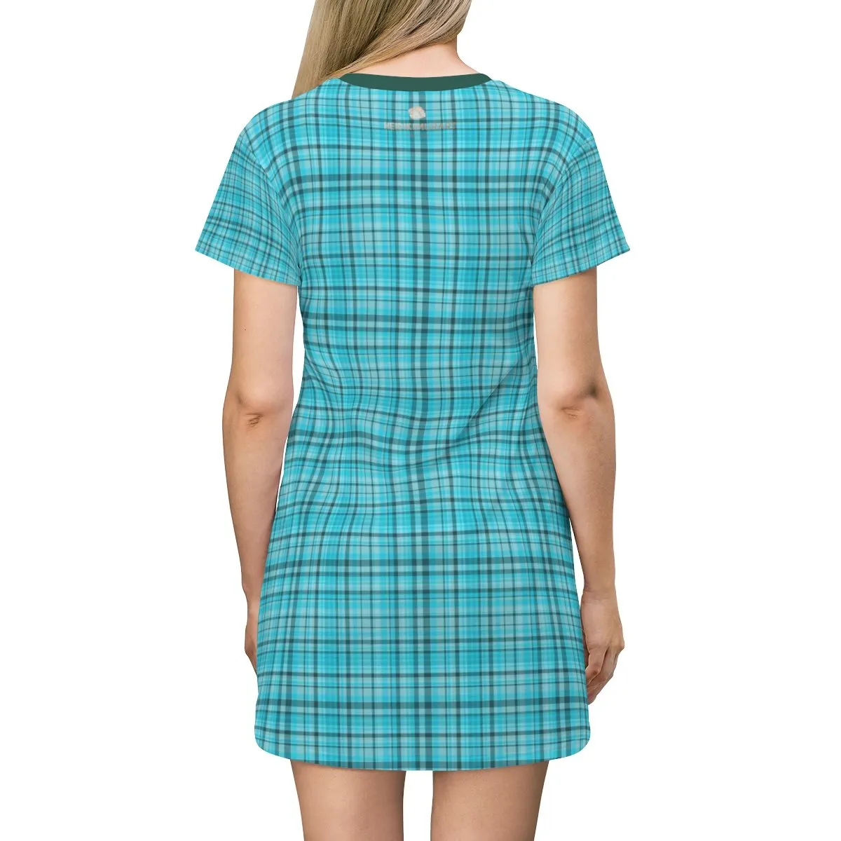 Light Blue Plaid T-Shirt Dress, Best Tartan Print Designer Crew Neck Long T-Shirt Dress-Made in USA