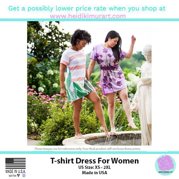 Light Blue Plaid T-Shirt Dress, Best Tartan Print Designer Crew Neck Long T-Shirt Dress-Made in USA