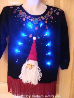 Light Up Ugly Xmas Sweater 3D Santa Fringe 80s