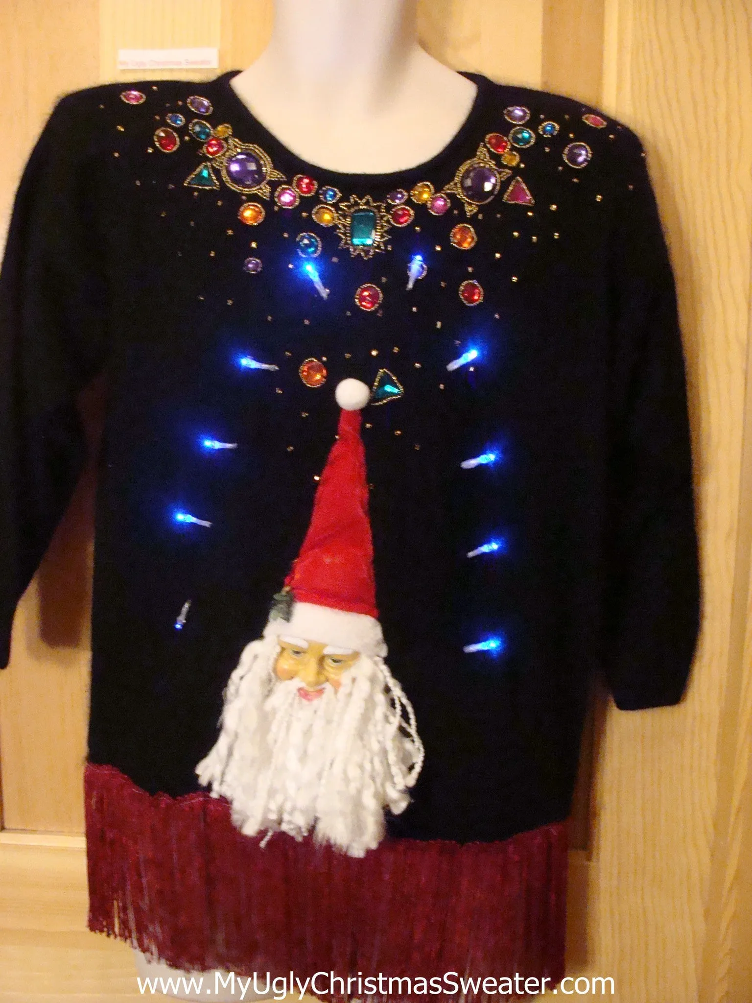 Light Up Ugly Xmas Sweater 3D Santa Fringe 80s