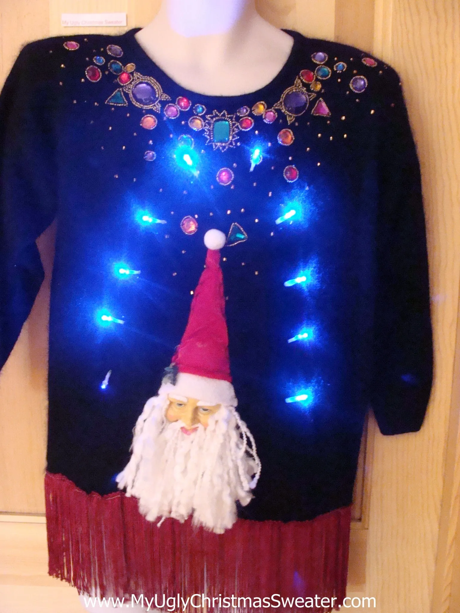 Light Up Ugly Xmas Sweater 3D Santa Fringe 80s