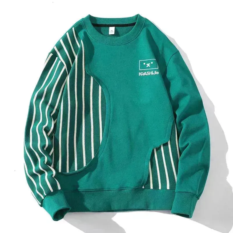 Loose Sports Long-sleeved T-shirt Patchwork Stripes Printed Men's Clothing Round-neck Sweater