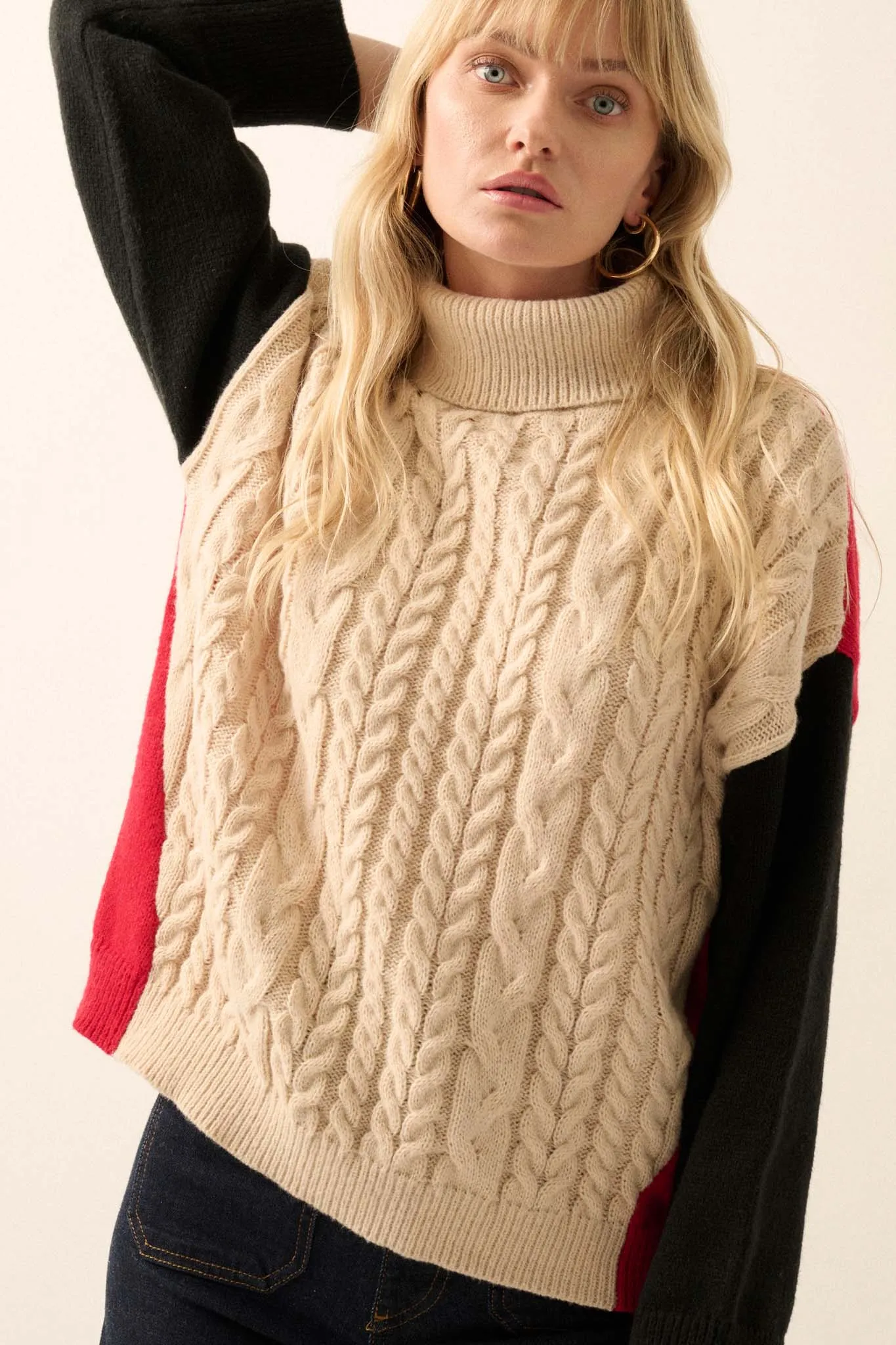 Me Time Colorblock Cable Knit Turtleneck Sweater