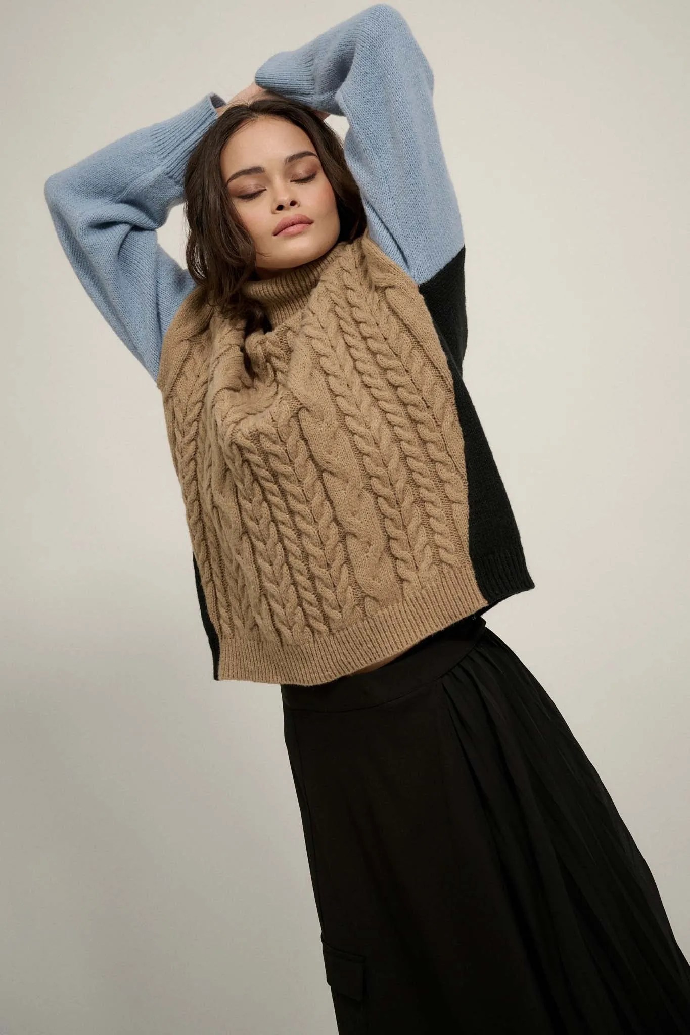 Me Time Colorblock Cable Knit Turtleneck Sweater