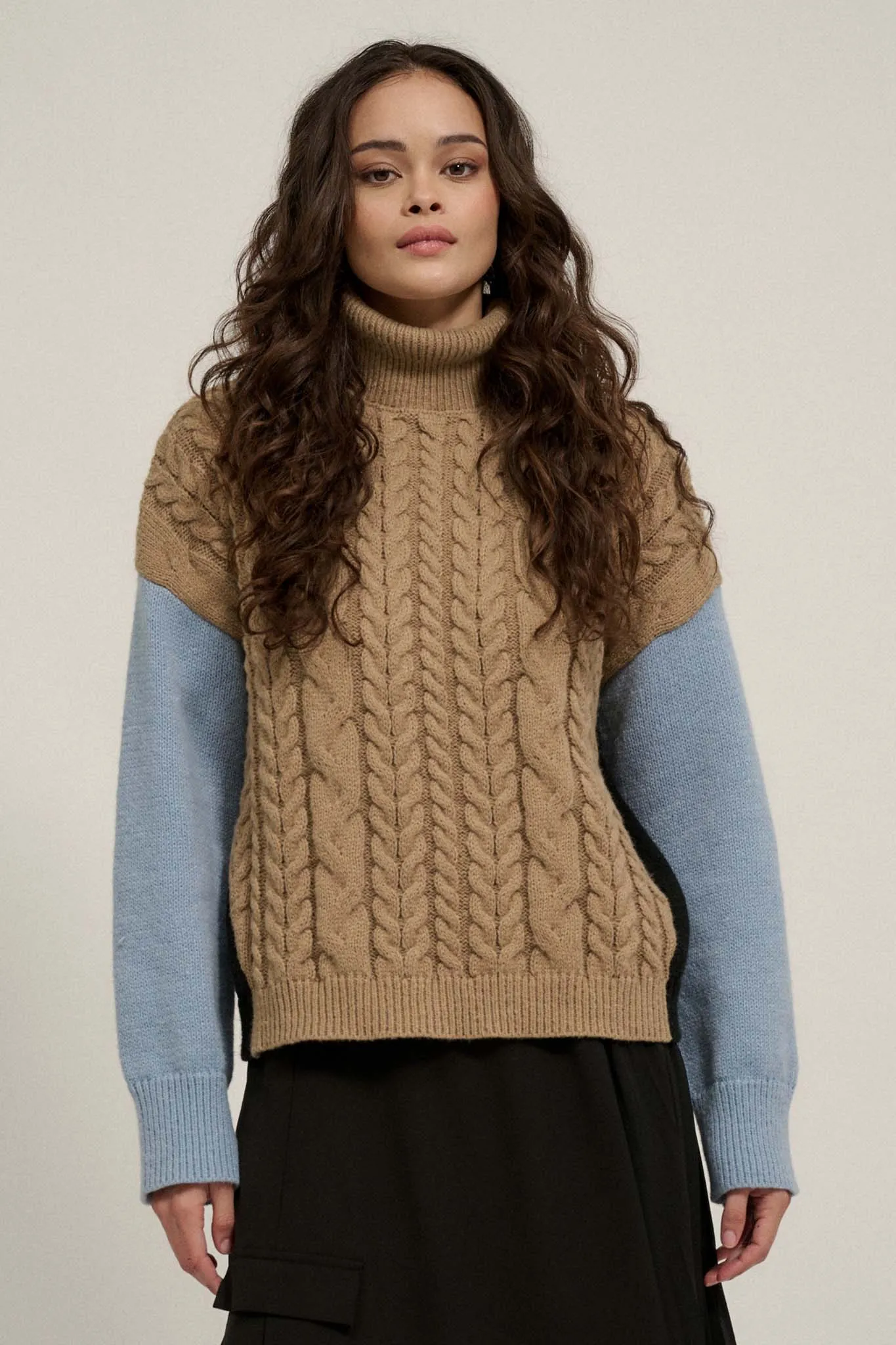 Me Time Colorblock Cable Knit Turtleneck Sweater