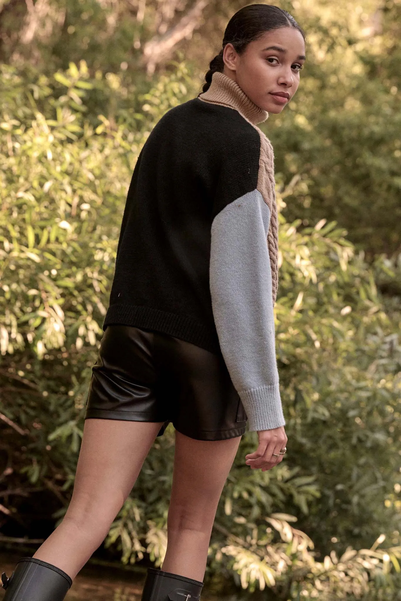Me Time Colorblock Cable Knit Turtleneck Sweater