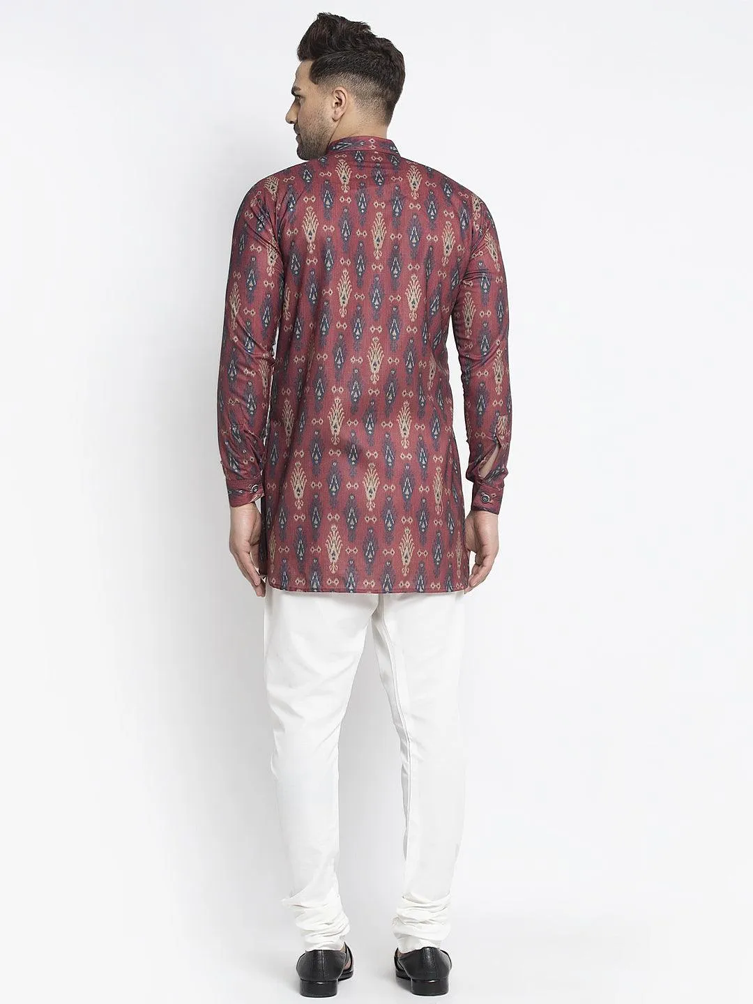 Men's Maroon & Navy Blue Printed Short Kurta With White Pyjama - Benstoke