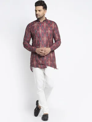 Men's Maroon & Navy Blue Printed Short Kurta With White Pyjama - Benstoke