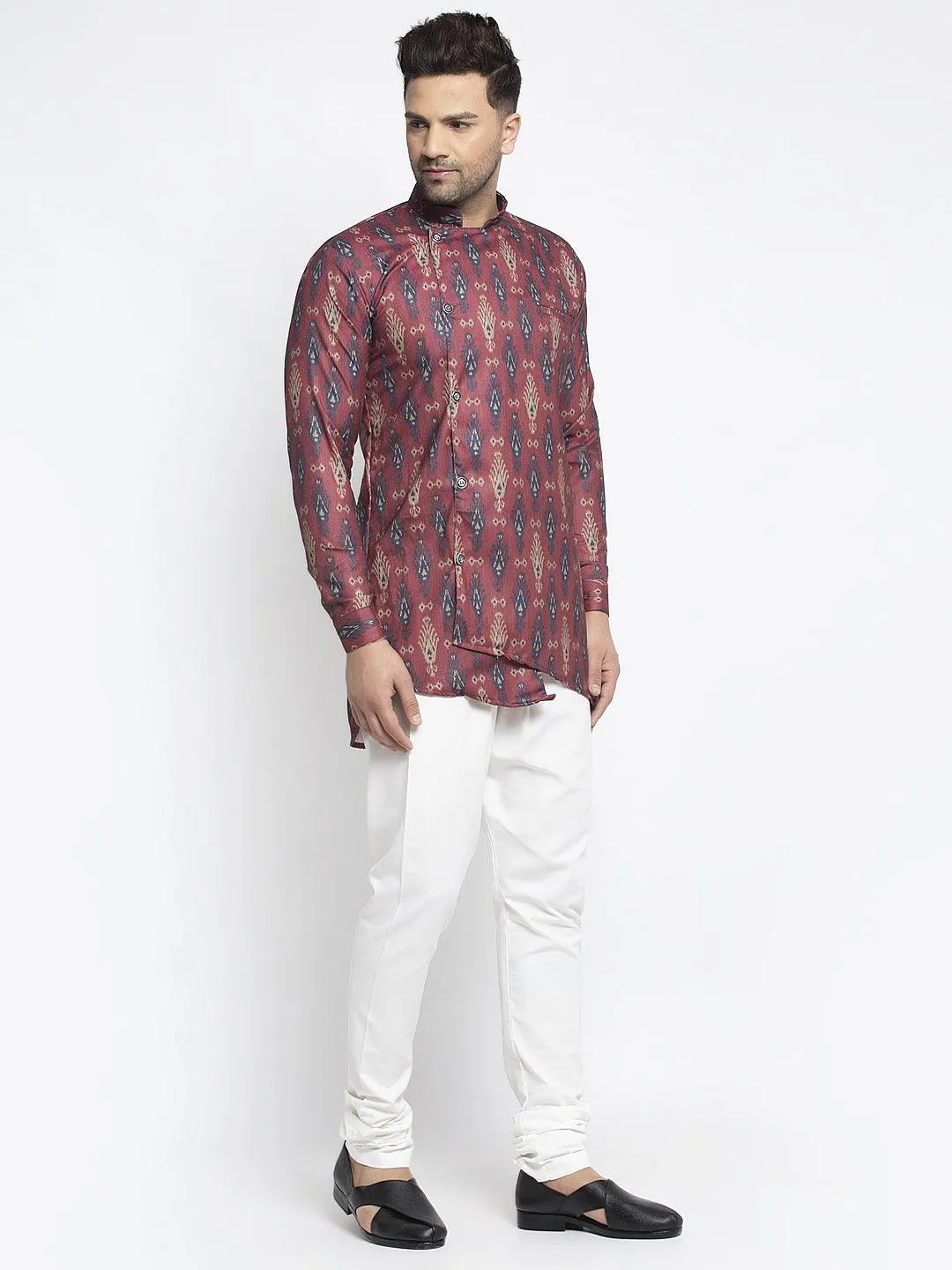 Men's Maroon & Navy Blue Printed Short Kurta With White Pyjama - Benstoke