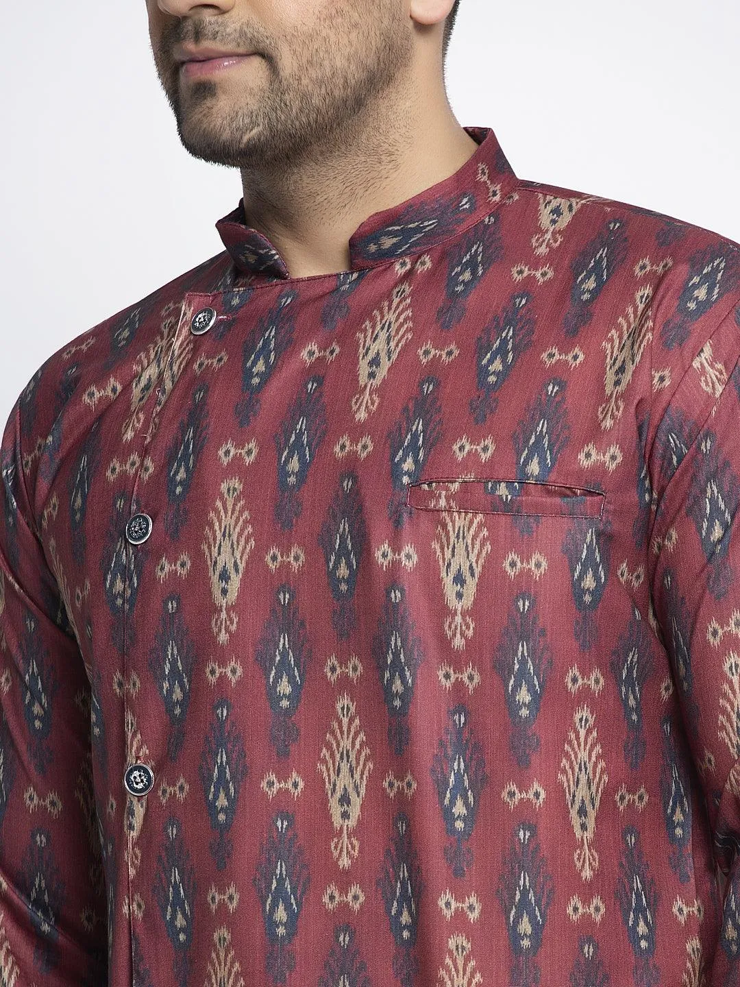 Men's Maroon & Navy Blue Printed Short Kurta With White Pyjama - Benstoke
