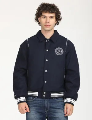 Men's Solid Navy Spread Collar Varsity Jacket