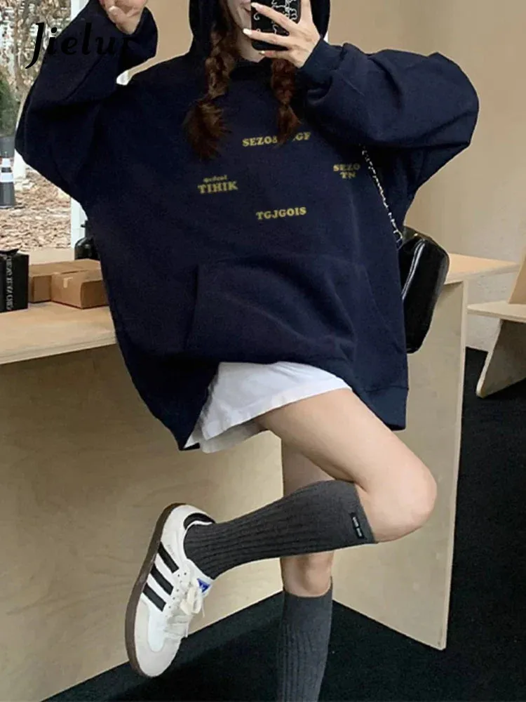 Metaversmall Navy Blue Hooded Chic Pocket Women Hoodies Classic Letter Print Fashion Basic Simple Loose Casual 3-colors Female Hoodies