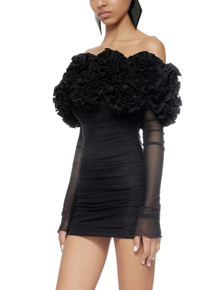 Metaversmall Sexy Spliced Appliques Short Dresses For Women Slash Neck Off The Shoulder Sleeve High Waist Slimming Bodycon Dress Female