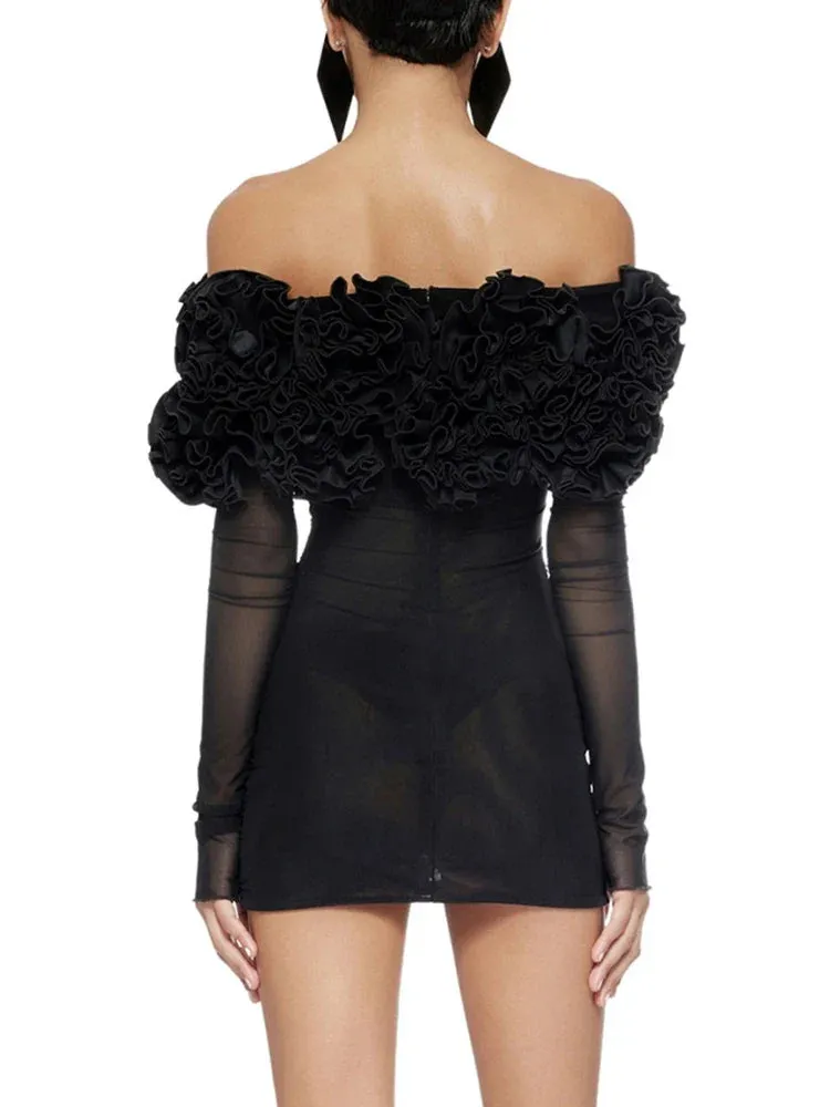Metaversmall Sexy Spliced Appliques Short Dresses For Women Slash Neck Off The Shoulder Sleeve High Waist Slimming Bodycon Dress Female