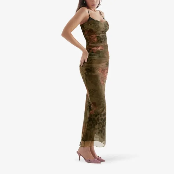 Nalini Stretch Mesh Midi Dress in Floral and Leopard Print House Of Cb color printed