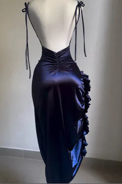 Navy Blue Open Back Ruffles Midi Length Party Dress Evening Dress Formal Dress Wholesale