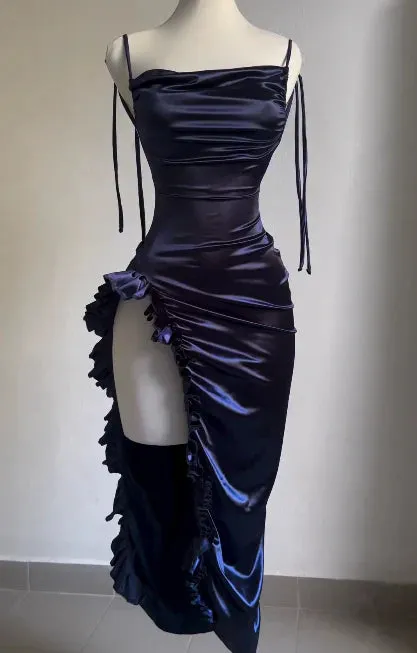 Navy Blue Open Back Ruffles Midi Length Party Dress Evening Dress Formal Dress Wholesale