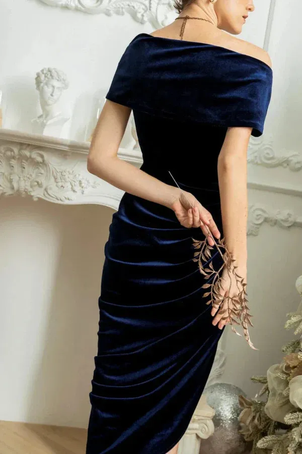 One Shoulder Velvet Formal Dress Wedding Guest Dress Bridesmaid Dress Midi Dress Elegant Dress Cocktail Dress