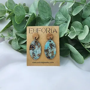 Oval Leather Earrings - Rustic Aqua Driftwood