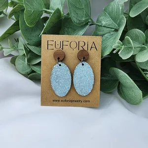 Oval Leather Earrings - Tiny Holographic Dots Over Aqua