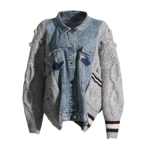 Patchwork Denim Sweater For Women Lapel Long Sleeve Single Breasted High Street Knitted Cardigan Female Clothes