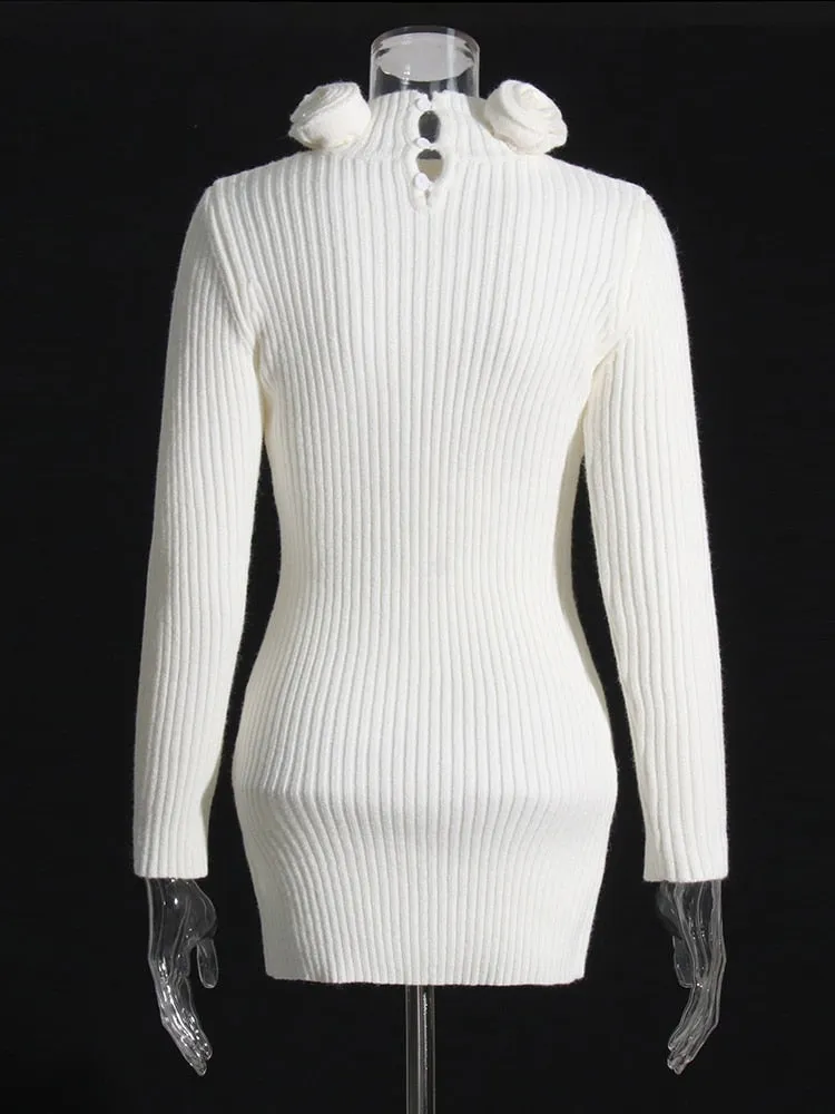 Patchwork Floral Mini Dress For Women Turtleneck Long Sleeve High Waist Knitting Solid Minimalist Dresses Females
