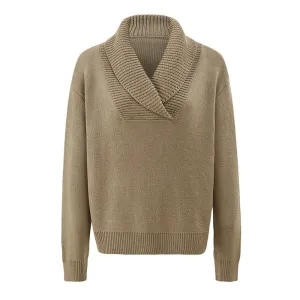 Patchwork Folds Knitted Sweaters For Women V Neck Long Sleeve Loose Solid Casual Sweater Female Fashion Clothing