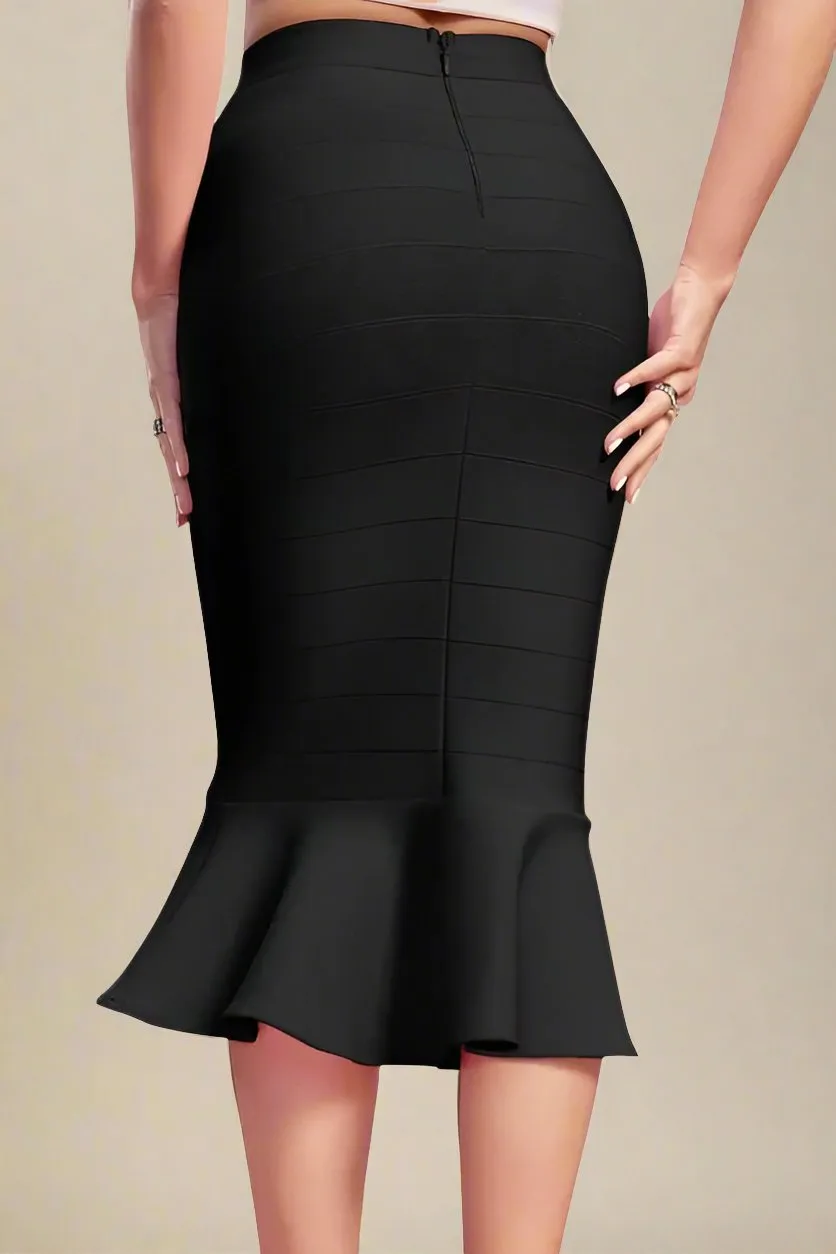 Peplum High Waist Bandage Midi Skirt - Classic Black