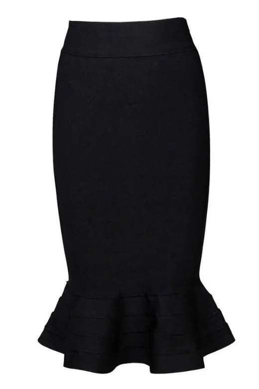 Peplum High Waist Bandage Midi Skirt - Classic Black