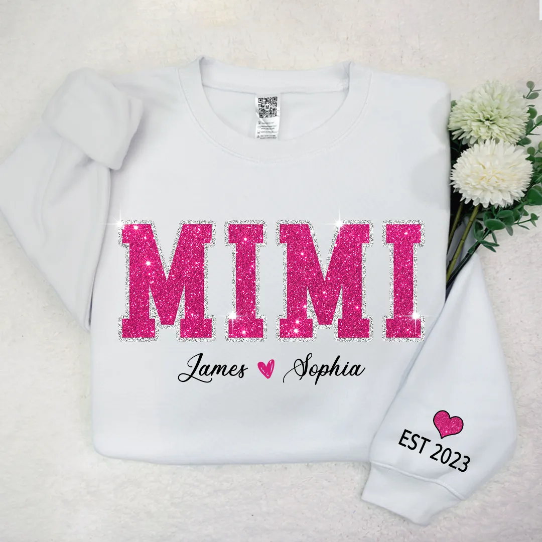 Personalized Mimi Pink Glitter Sweatshirt, Custom Grandma Est With Kids Sweatshirt, Mother's Day Gift