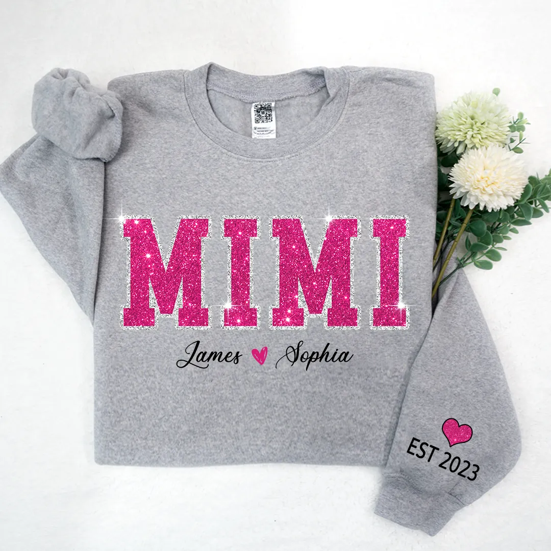 Personalized Mimi Pink Glitter Sweatshirt, Custom Grandma Est With Kids Sweatshirt, Mother's Day Gift