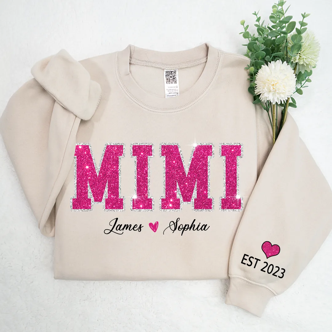 Personalized Mimi Pink Glitter Sweatshirt, Custom Grandma Est With Kids Sweatshirt, Mother's Day Gift