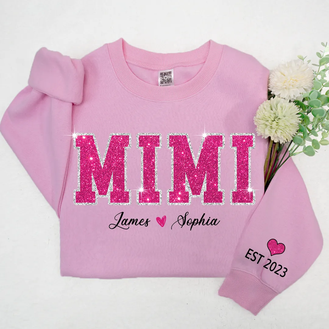 Personalized Mimi Pink Glitter Sweatshirt, Custom Grandma Est With Kids Sweatshirt, Mother's Day Gift