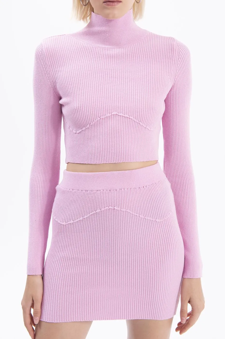 Pink Stand Collar Crop Knitted Blouse