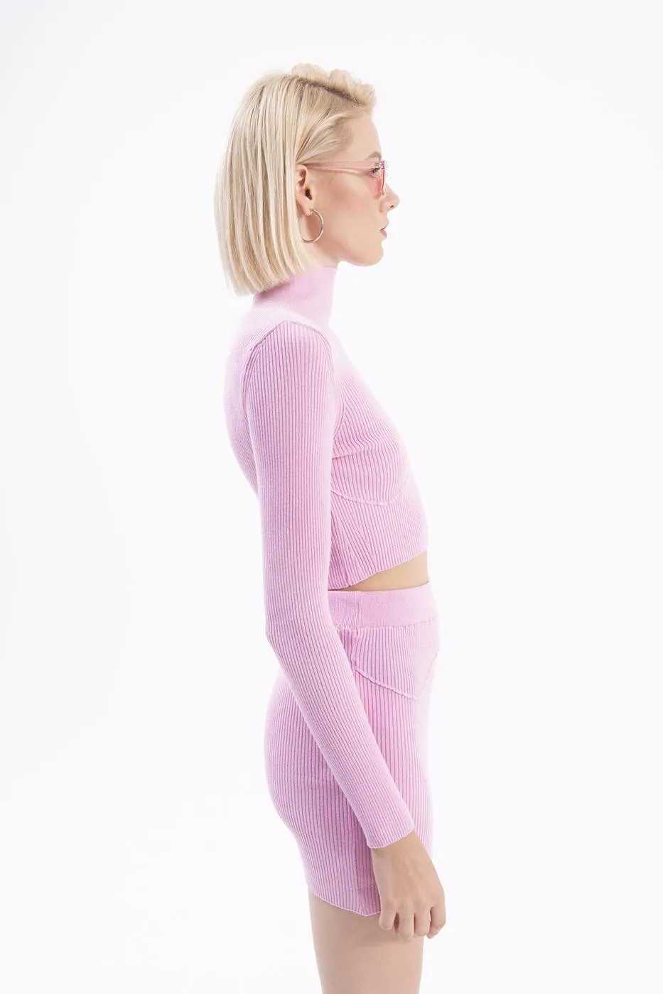 Pink Stand Collar Crop Knitted Blouse