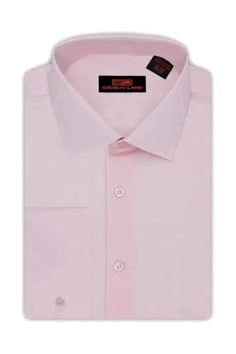 Pink Steven Land Men's French Cuff Dress Shirt Regular-Fit 100% Cotton