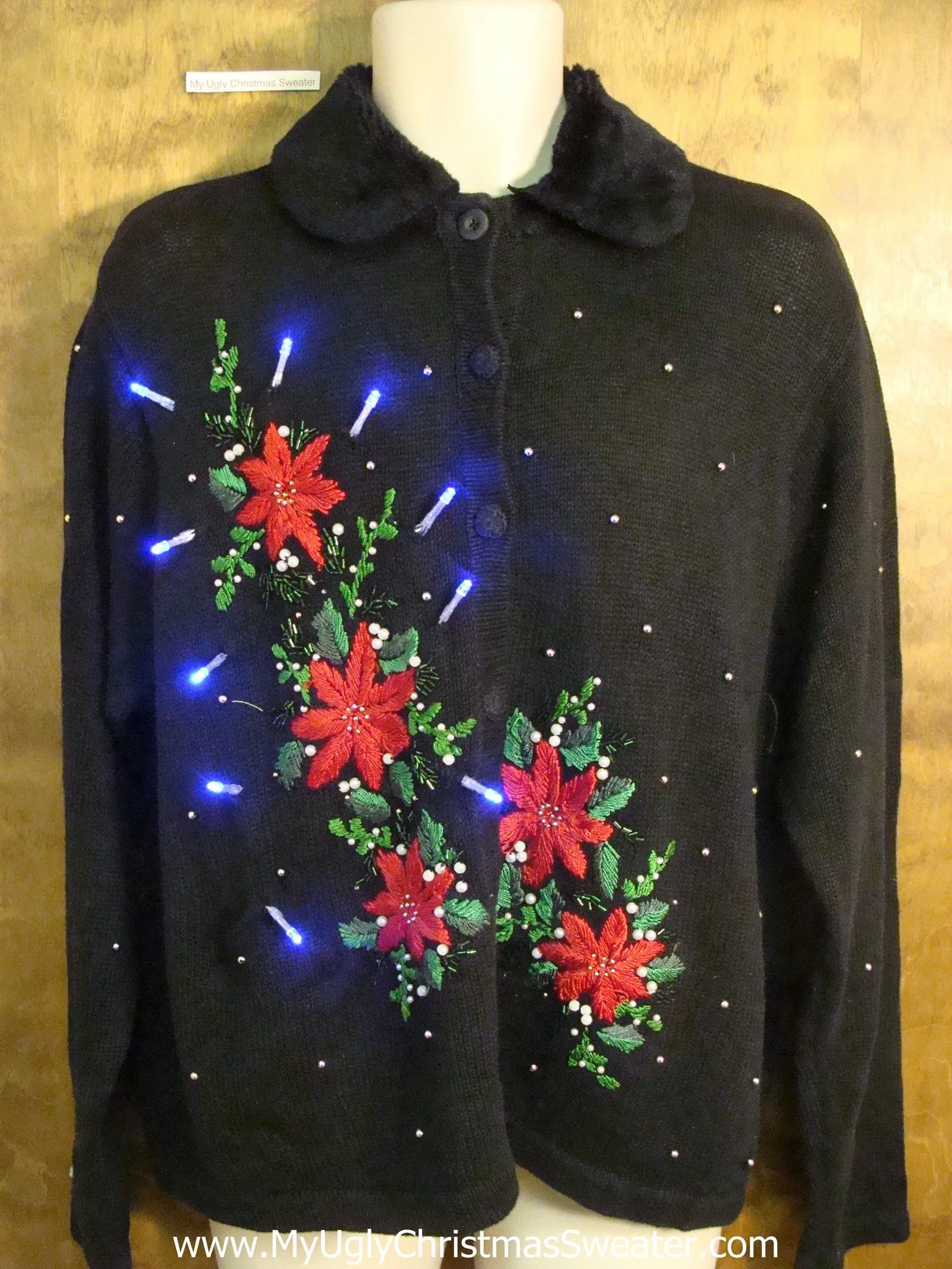 Poinsettias and Furry Collar Light Up Cheesy Christmas Sweater