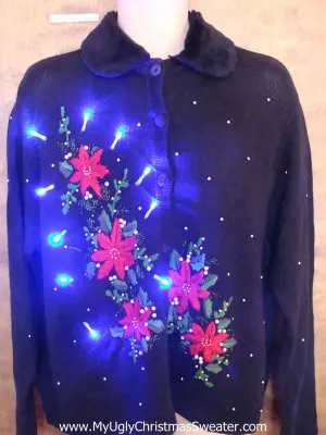 Poinsettias and Furry Collar Light Up Cheesy Christmas Sweater