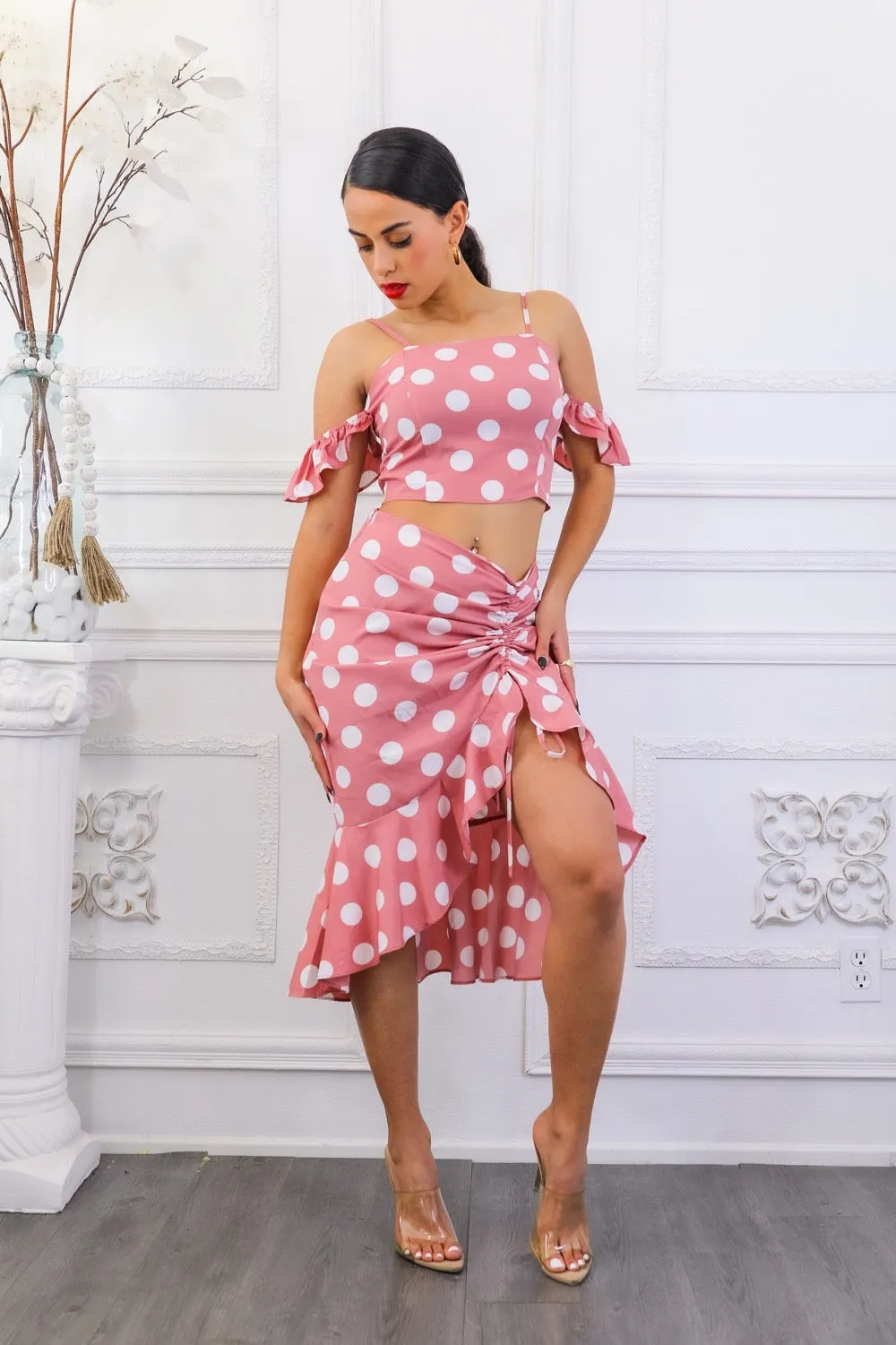 Polkadot Printed Crop Top and Midi Skirt with Ruching