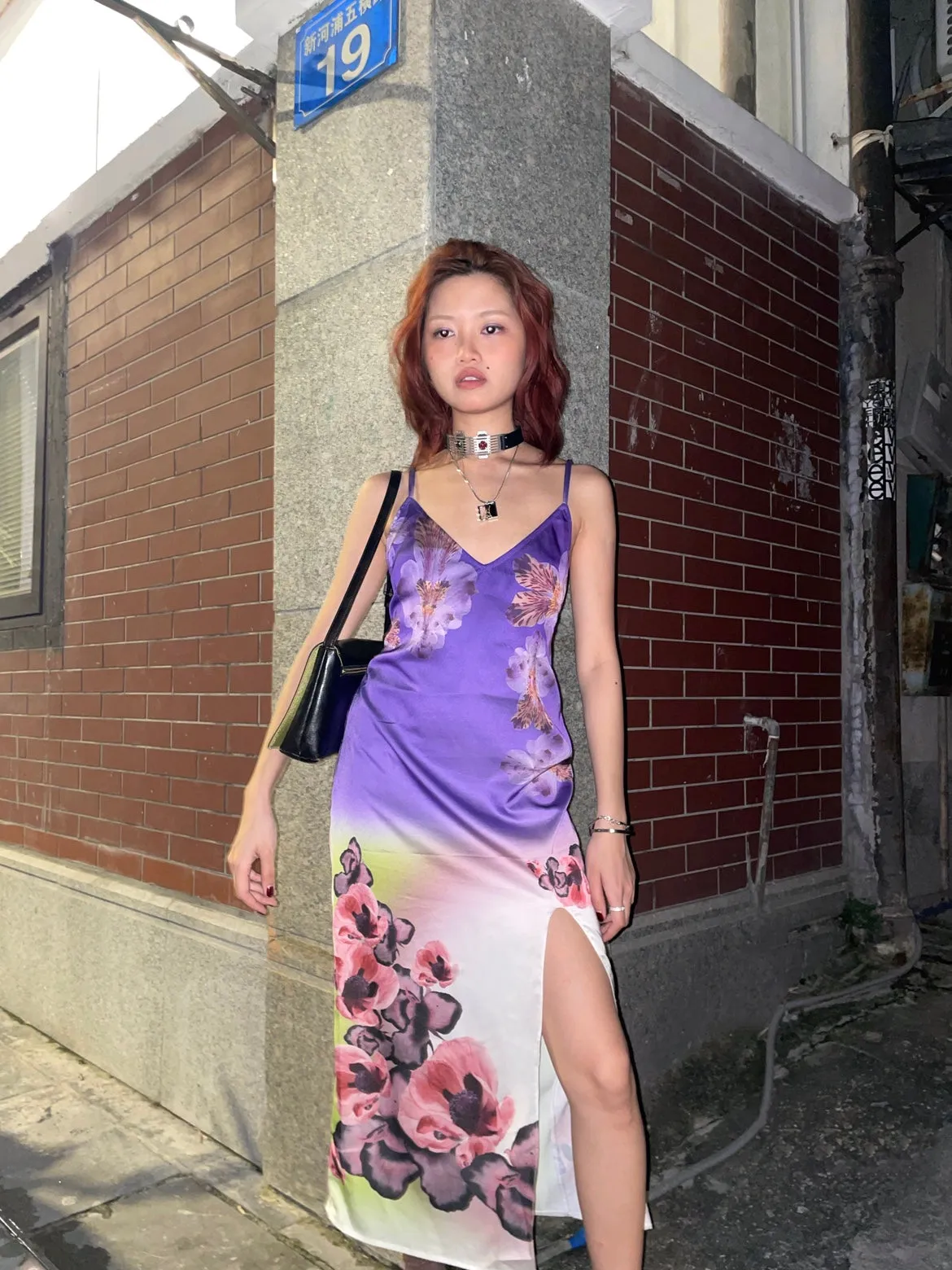 Purple-green Gradient Floral Print Slip Dress