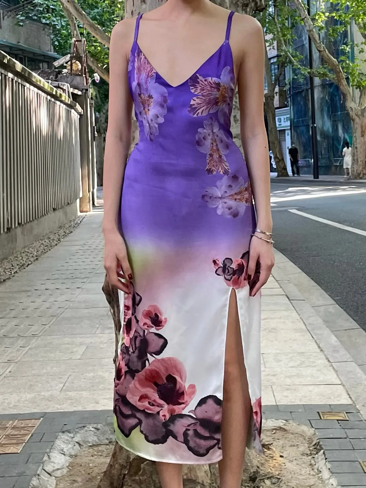 Purple-green Gradient Floral Print Slip Dress